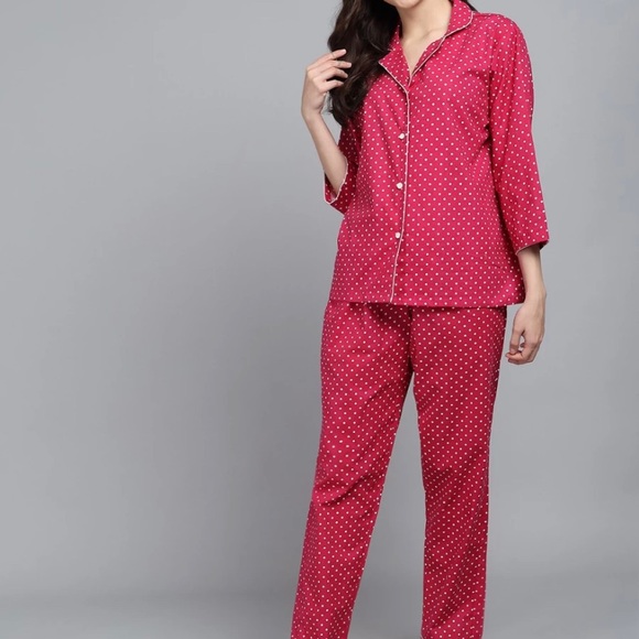 Women Polka Print Maroon Shirt & Pyjama set - Picture 5 of 6